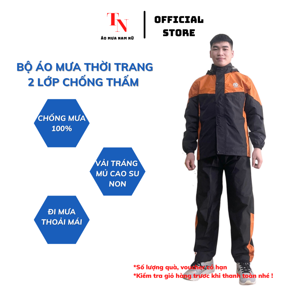 Áo mưa bộ người lớn thời trang, bộ quần áo đi mưa hai lớp giữ nhiệt,siêu chống thấm màu cam - Tình Ngọc Store