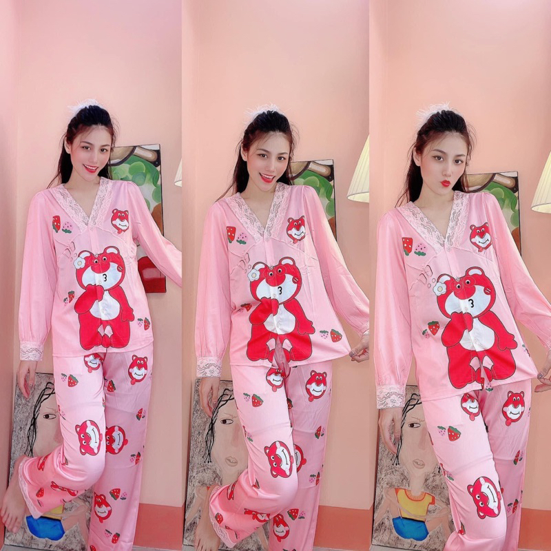 Bộ ngủ Gấu dâu hồng dài và ngắn tay,cổ tim phối ren,TK lụa tơ.tằm của 2CE