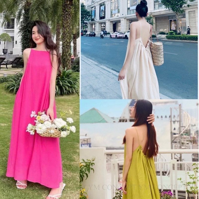 Váy maxi, Đầm đi biển đũi hở lưng dáng xuông dây điều chỉnh - Đầm maxi dây ba màu freesize dáng rộng đi biển