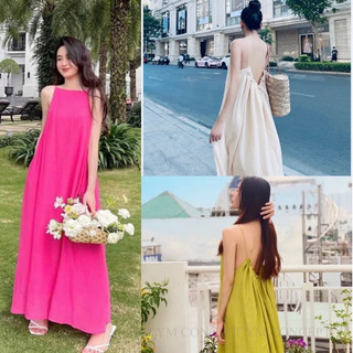 Váy maxi, Đầm đi biển đũi hở lưng dáng xuông dây điều chỉnh - Đầm maxi dây ba màu freesize dáng rộng đi biển