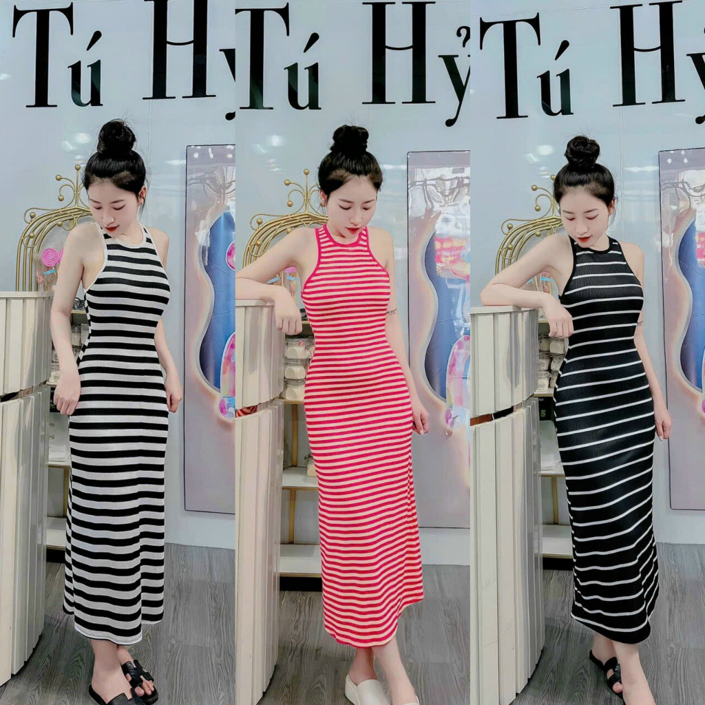 Đầm thun body kẻ sọc 3 màu tôn da dáng maxi xinh xắn, phù hợp đi chơi, đi dạo [549]