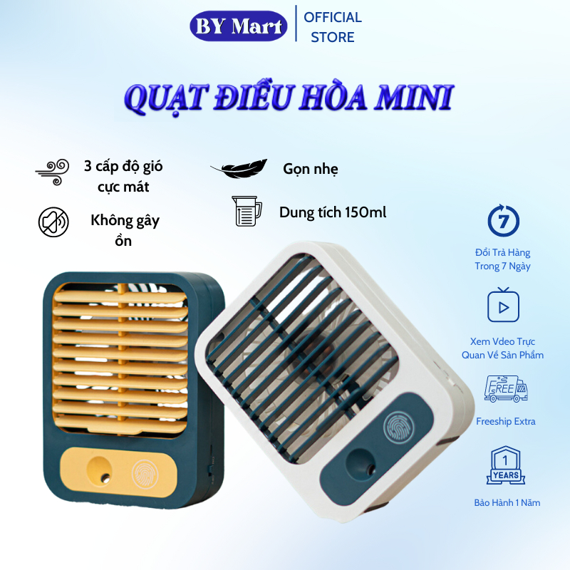 Quạt Điều Hoà Hơi Nước Mini Để Bàn, Quạt Phun Sương Mini Sạc Tích Điện 3 Tốc Độ Gió 150ml, Bảo Hành 12 Tháng