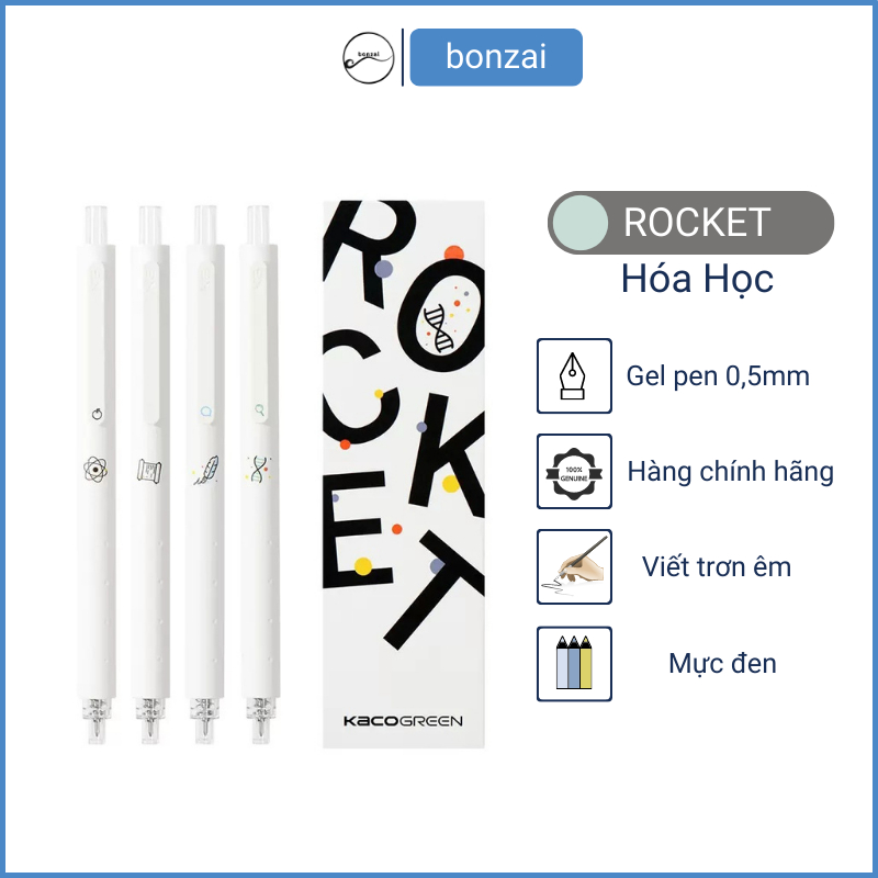Bộ 4 bút bi Kaco Rocket Trắng Hóa Học mực đen ngòi 0,5mm (Hàng Chính Hãng)