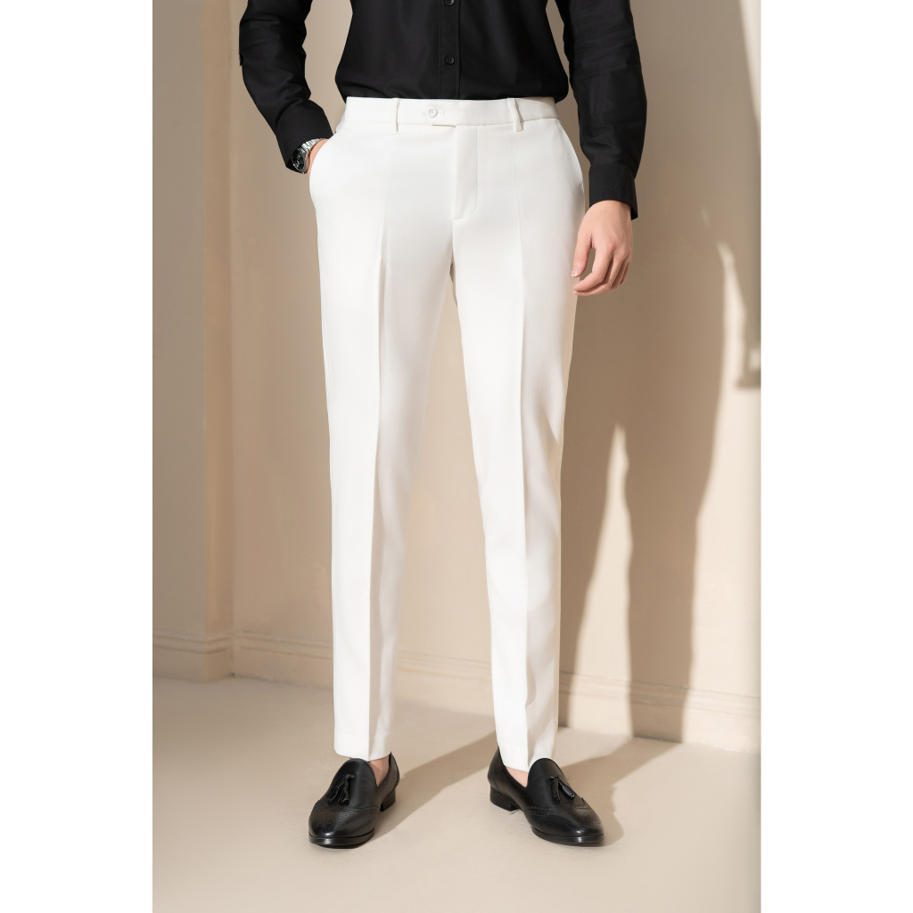Quần âu nam hàn quốc màu trắng cao cấp vải cotton dày không bai không xù dáng công sở ống đứng hơi côn