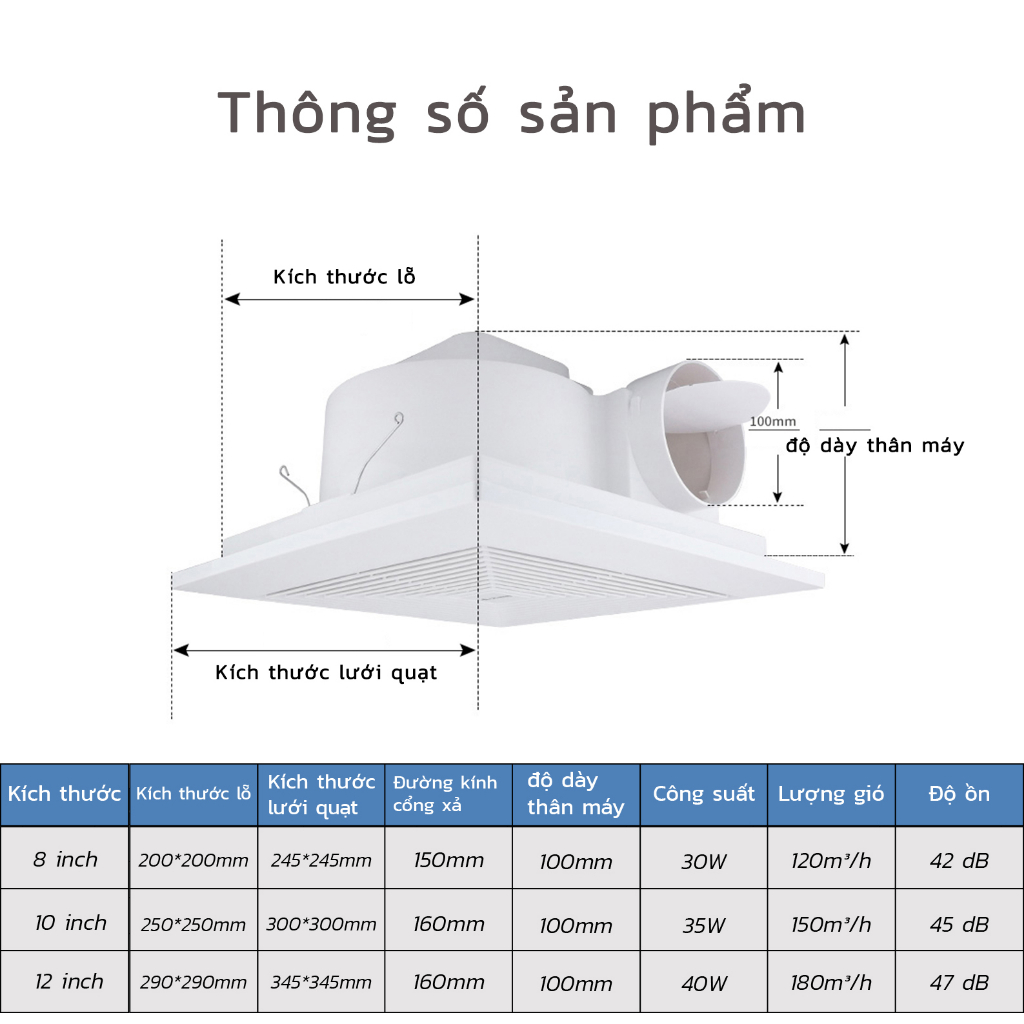 Quạt thông gió âm trần（Tặng 1m ống hút）, 8/10/12 inch Quạt hút âm trần, 220v Quạt thông gió , Bảo hành 1 năm