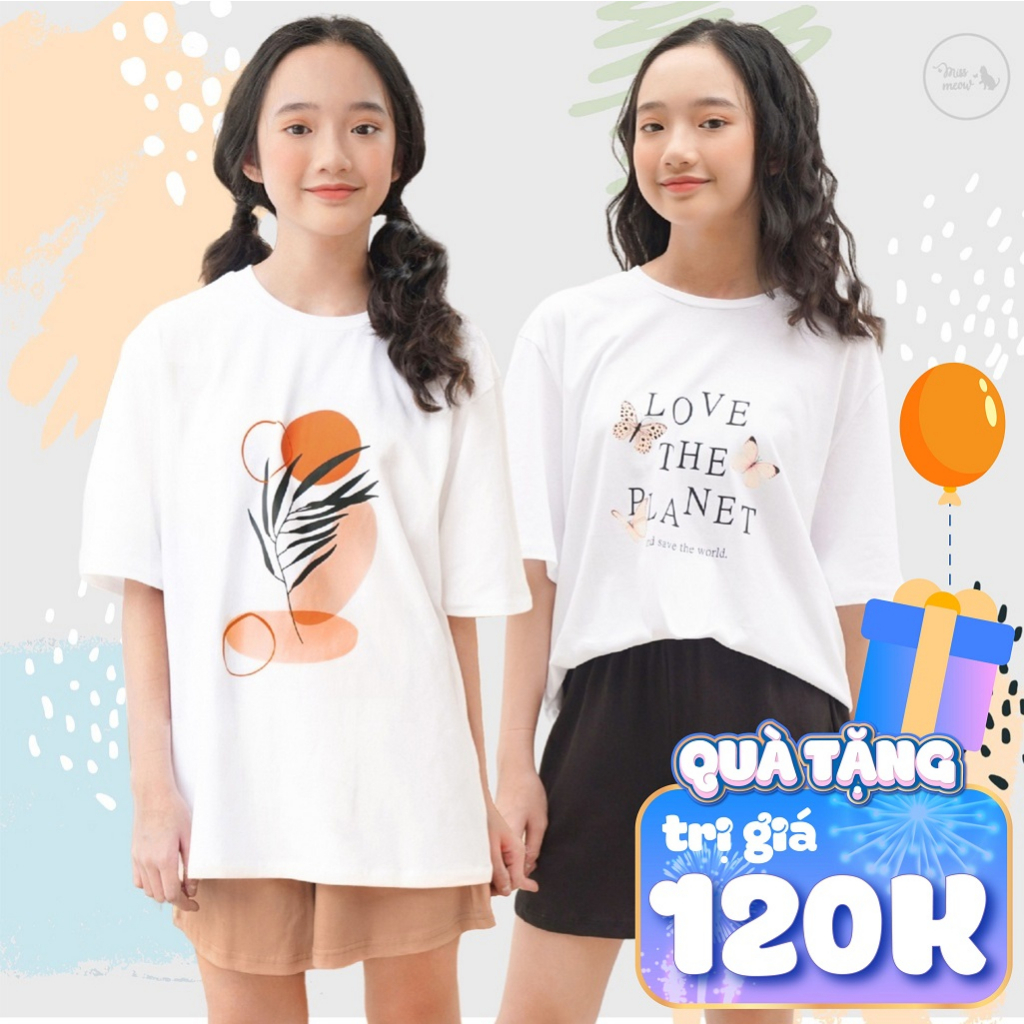 Đồ bộ quần áo thun cotton Bigfox Missmeow size đại cho bé gái mặc mùa hè cỡ 12 13 14 15 tuổi 40kg 50kg