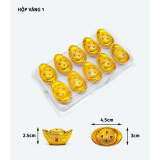 1 hộp thỏi vàng xi mạ vàng, quạt vàng làm cây tài lộc, đế sen vàng làm tháp tỏi...
