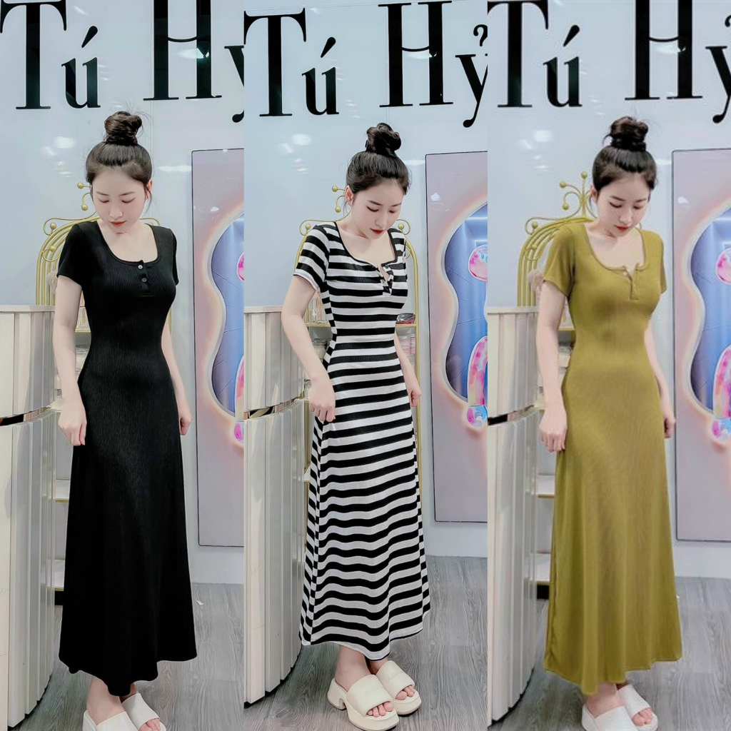 Đầm thun gân body dáng dài ngăn tay cổ thuyền 5 màu xinh xắn, phù hợp diện đi chơi, dự tiệc [576]