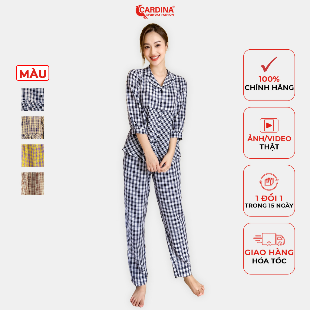 Đồ Bộ Pijama Nữ 𝐂𝐀𝐑𝐃𝐈𝐍𝐀 Chất Thô Kẻ Nhật Cao Cấp Áo Tay Lỡ Quần Dài Đơn Giản Nhẹ Nhàng 2Pi01