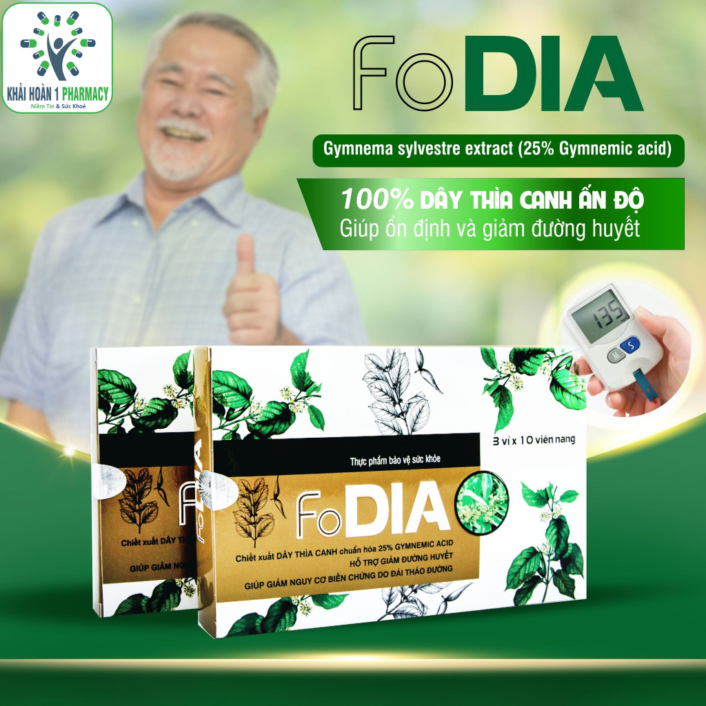 Viên uống ổn định đường huyết FODIA chiết từ dây thìa canh chuẩn hóa 25% Gymnemic Acid - Hộp 30 viên