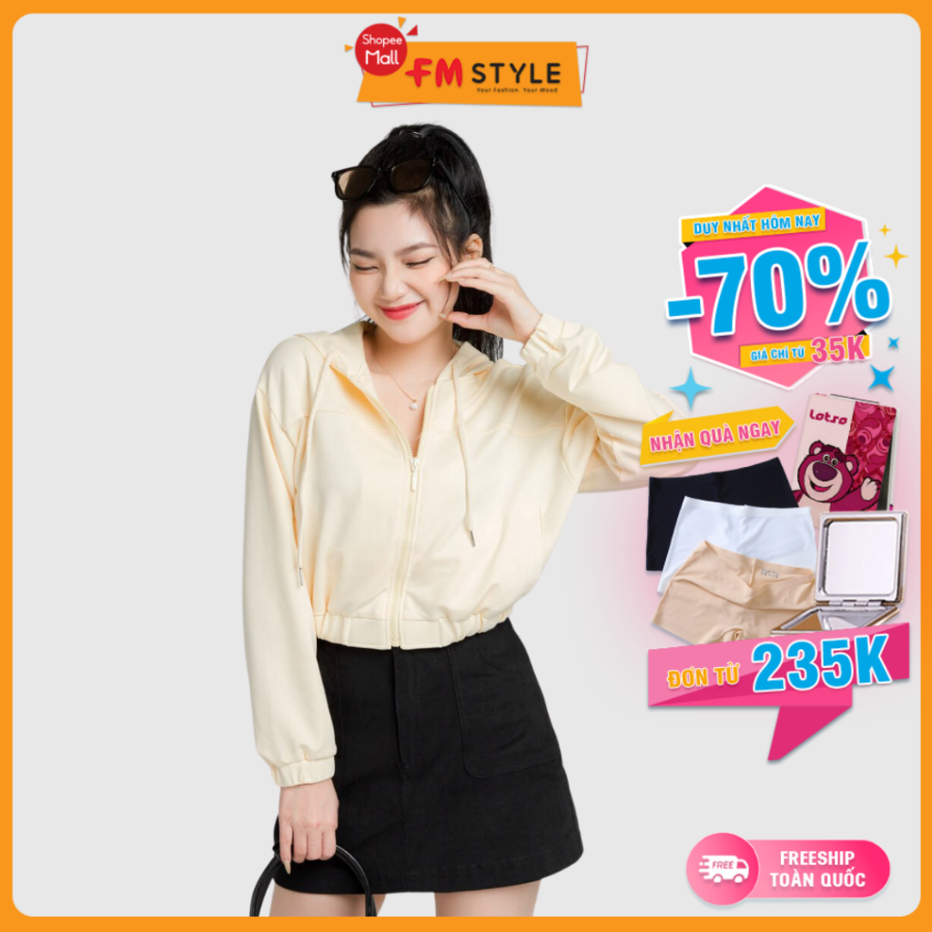 Áo khoác chống nắng nữ FM STYLE chất thun dày dặn dáng ngắn croptop dây kéo có mũ lớn rộng thoải mái 23020562