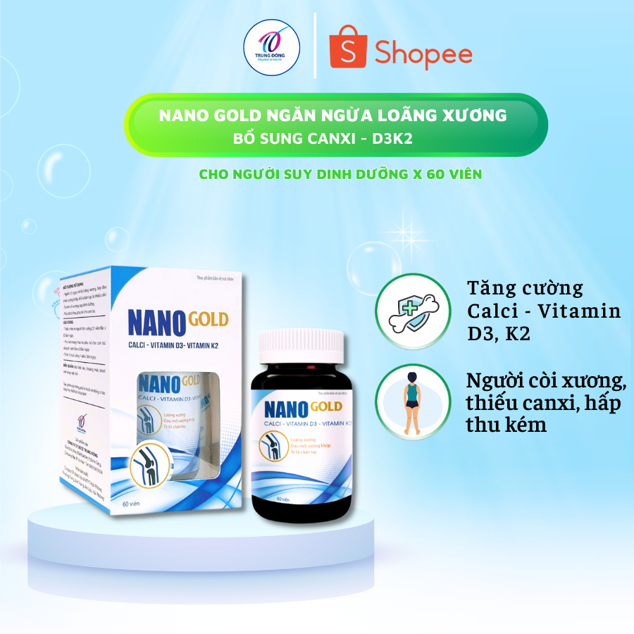 Viên uống bổ sung calci NANO GOLD Vitamin D3K2 giảm nguy cơ loãng xương bổ sung ngừa còi xương ở trẻ lọ 60 viên