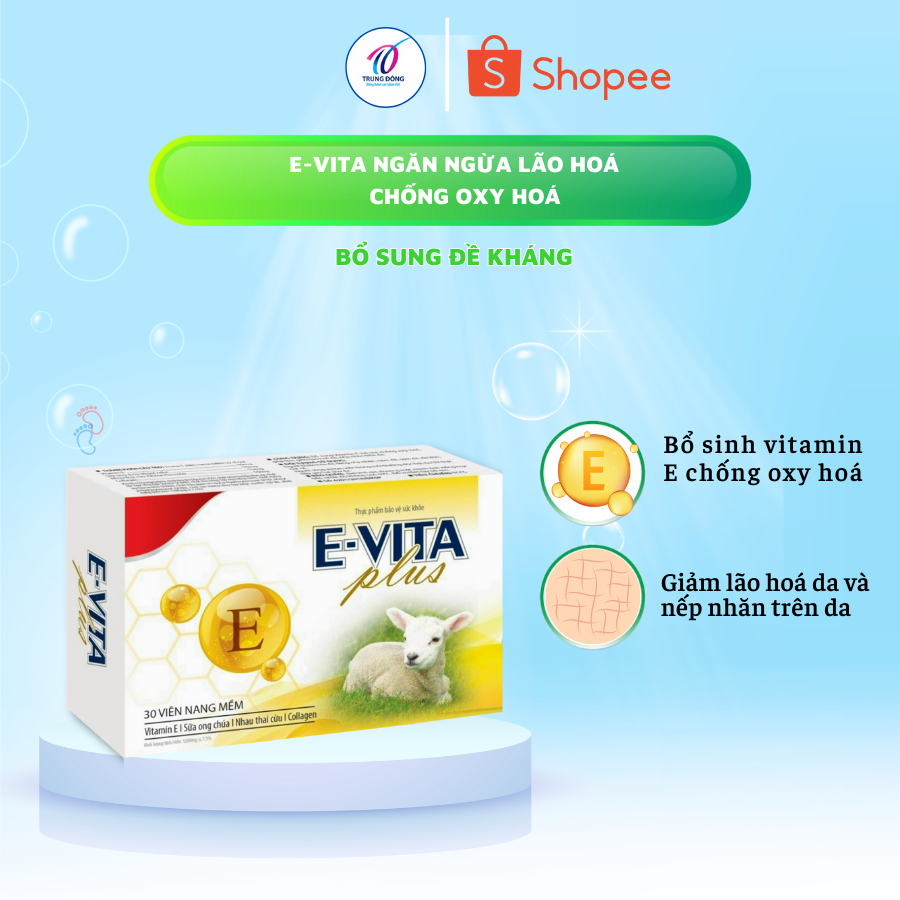 Viên uống bổ sung vitamin E E-vita Plus giúp làm giảm lão hóa, hỗ trợ chống oxy hóa hộp 30 viên nang mềm