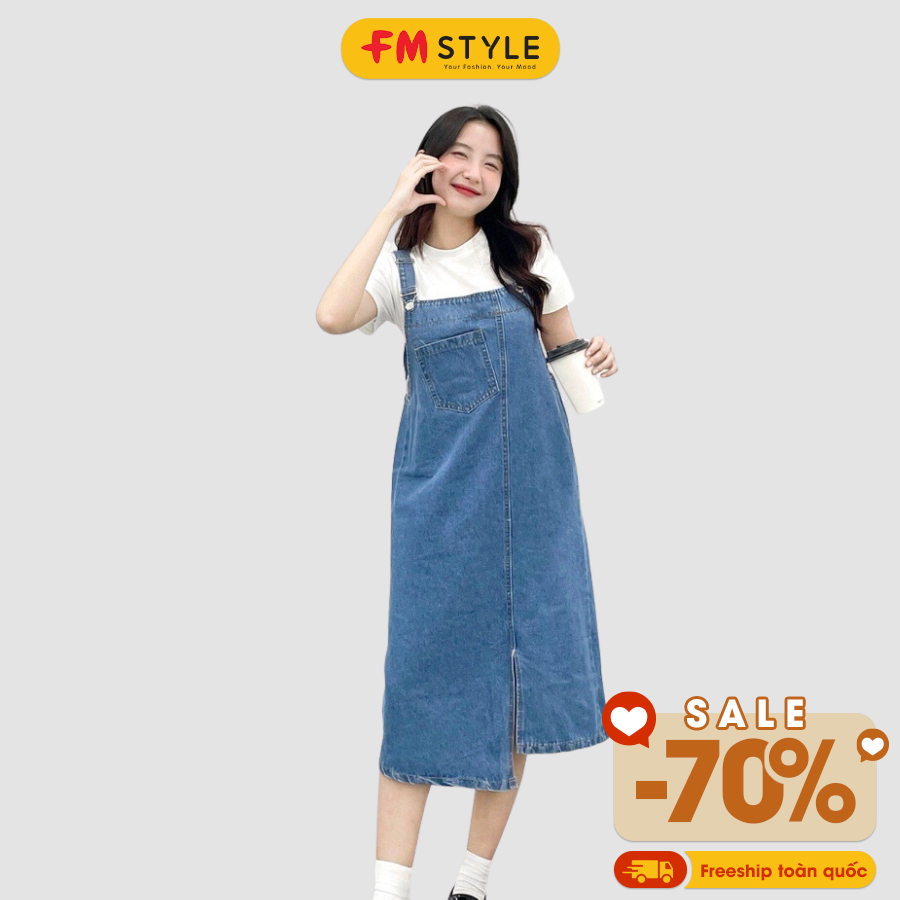 Yếm jean dài FM Style 2 dây dáng dài phối túi trước xẻ lai thời trang dễ thương phong cách ulzzang 23031071