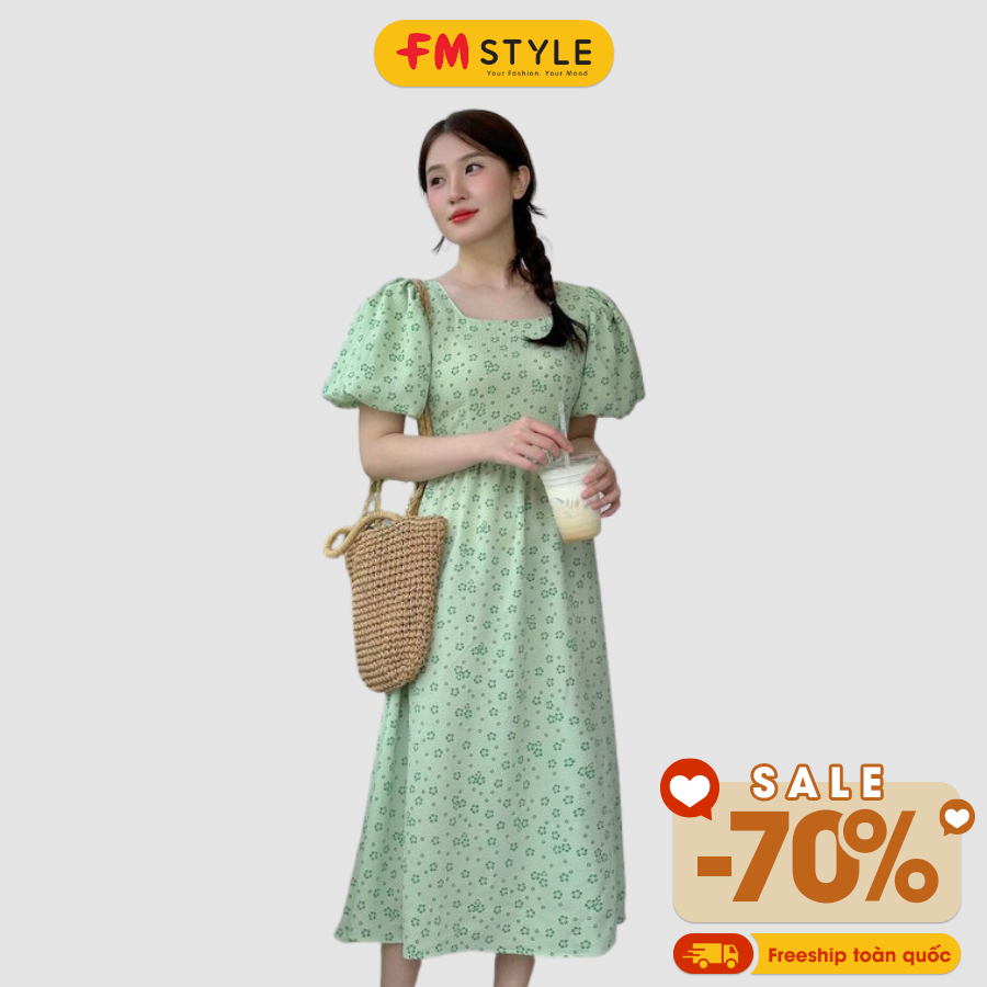 Váy hoa nhí Vintage Fmstyle dáng xòe dài cổ tròn tay bồng phong cách Hàn quốc 23031397