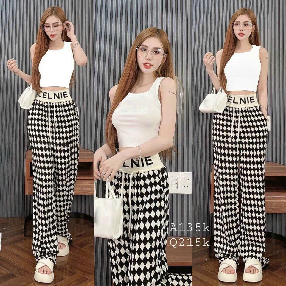 Set đồ thời trang nữ áo thun ba lỗ basic phối quần dài ống lụa caro siêu sang chảnh, mặc đi chơi ở nhà cá tính năng đông