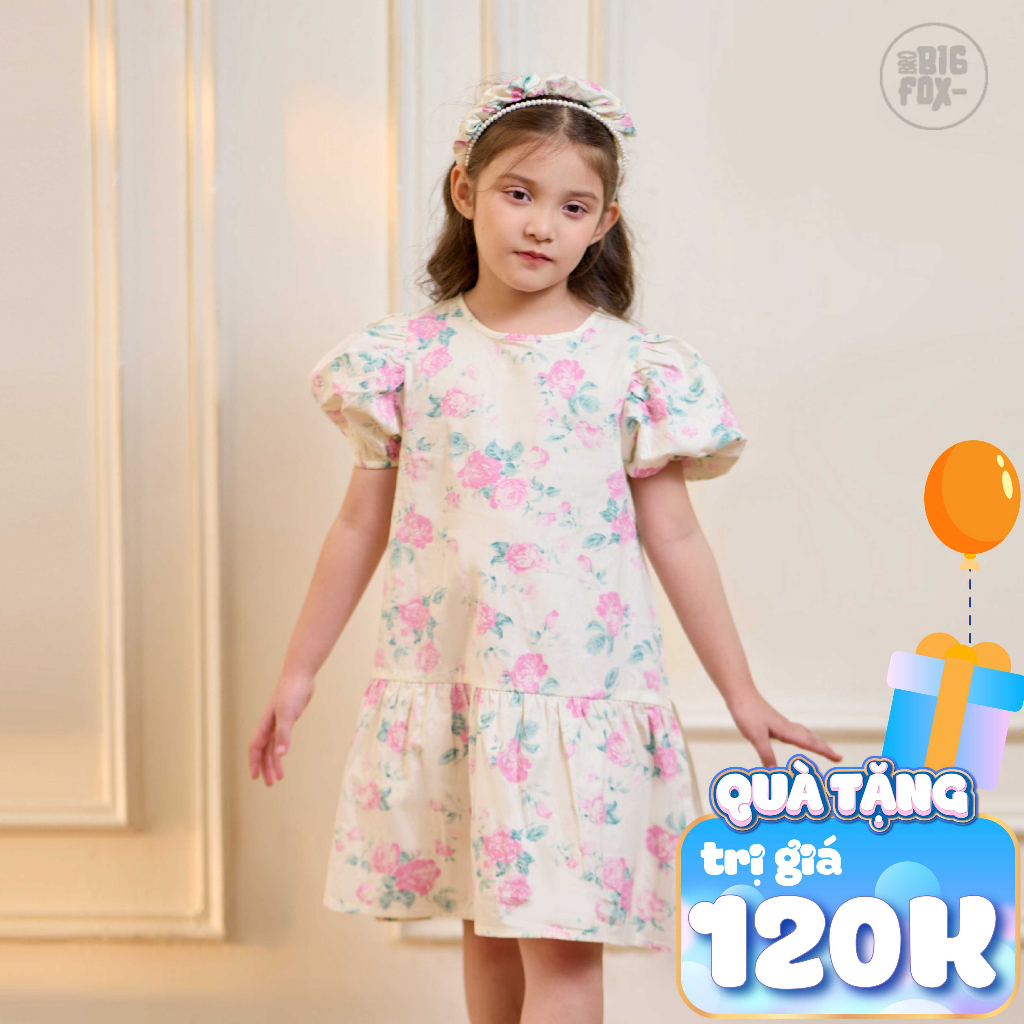 Váy hè bé gái Bigfox Miss Meow size đại, thiết kế kiểu công chúa tay bồng chất liệu thô lụa in hoa hồng 3-11 tuổi 30kg