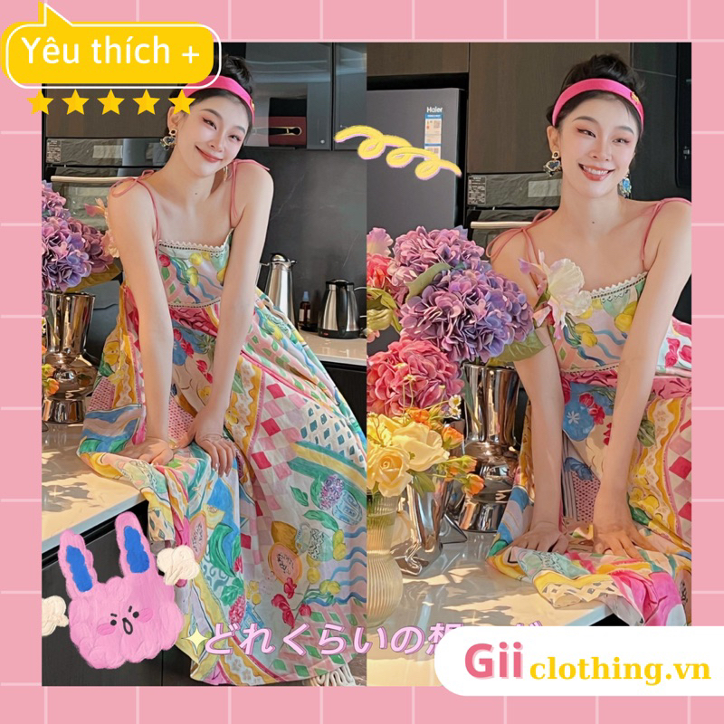 (Ảnh thật) Váy hai dây đi biển hoạ tiết sơn dầu order QCCC