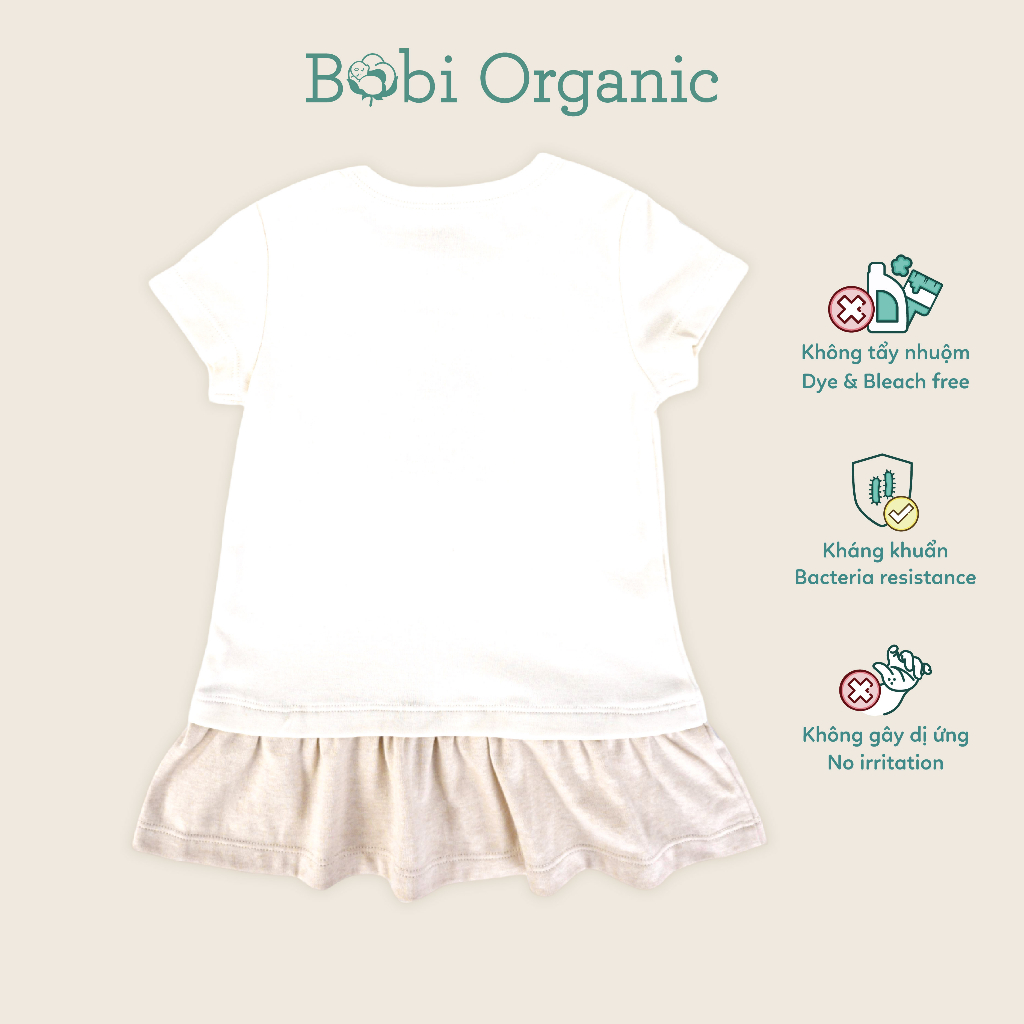 Áo Đầm BobiCraft Cổ Tròn Phối Cho Bé Gái- Vải cotton hữu cơ organic