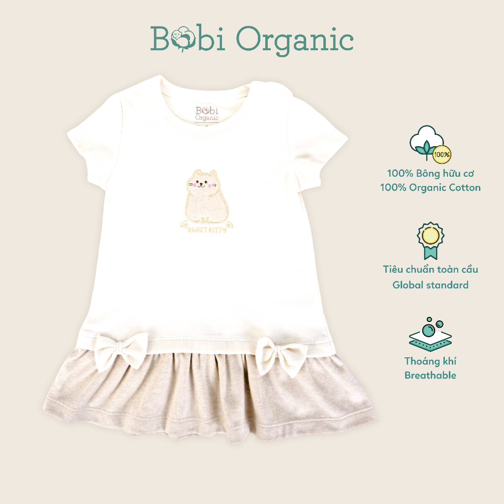 Áo Đầm BobiCraft Cổ Tròn Phối Cho Bé Gái- Vải cotton hữu cơ organic