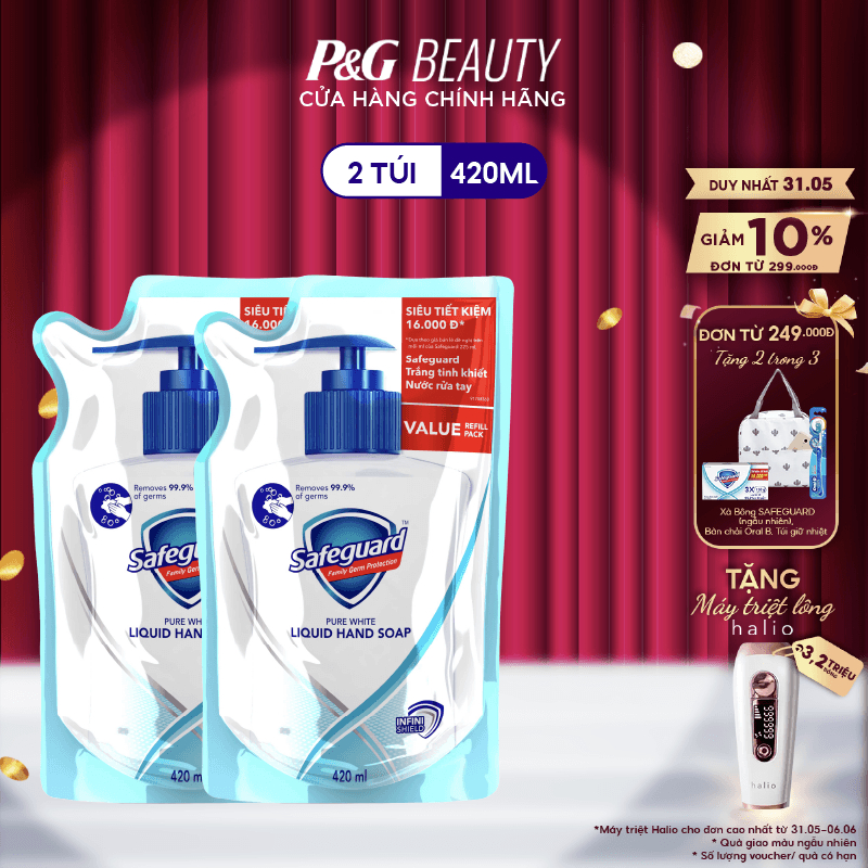 Combo 2 Nước Rửa Tay SAFEGUARD Sạch 99,9% Vi Khuẩn & Dịu Nhẹ Cho Da Túi 420ml Trắng Tinh Khiết
