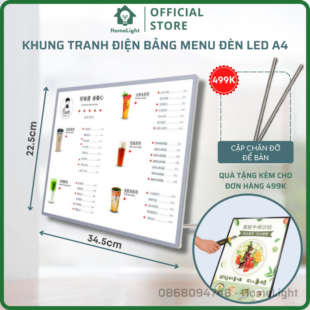 Bảng Hộp Đèn Led Menu Điện Kích Thước A4, Khung tranh điện Để Bàn, Treo Tường