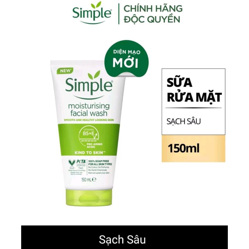 Sữa Rửa Mặt Simple 150ml Giúp Da Sạch Thoáng, Cấp Ẩm và Ngừa mụn
