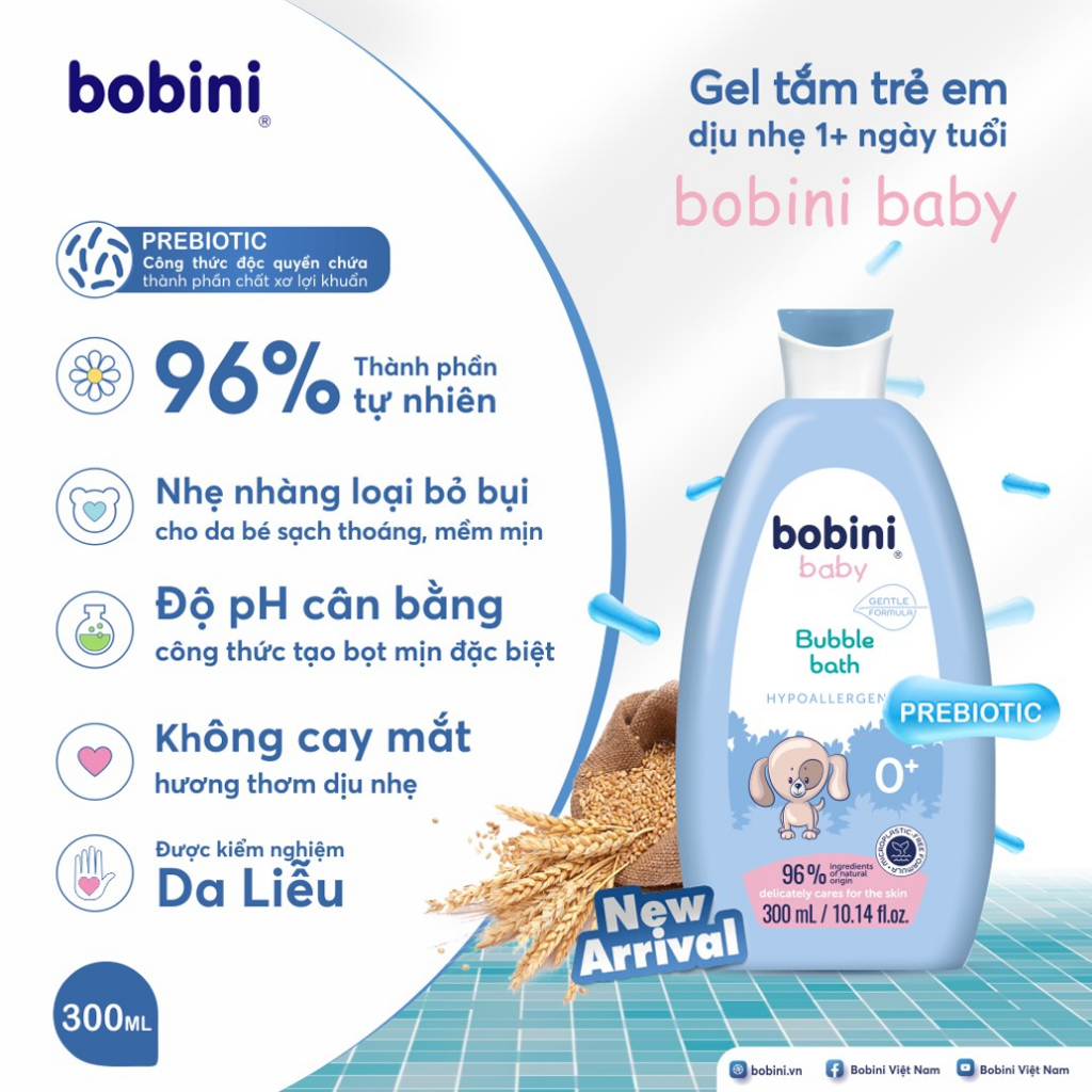 [Tặng rửa tay khô 100ml] Gel tắm trẻ em Bobini Baby dịu nhẹ 1+ ngày tuổi 300ml