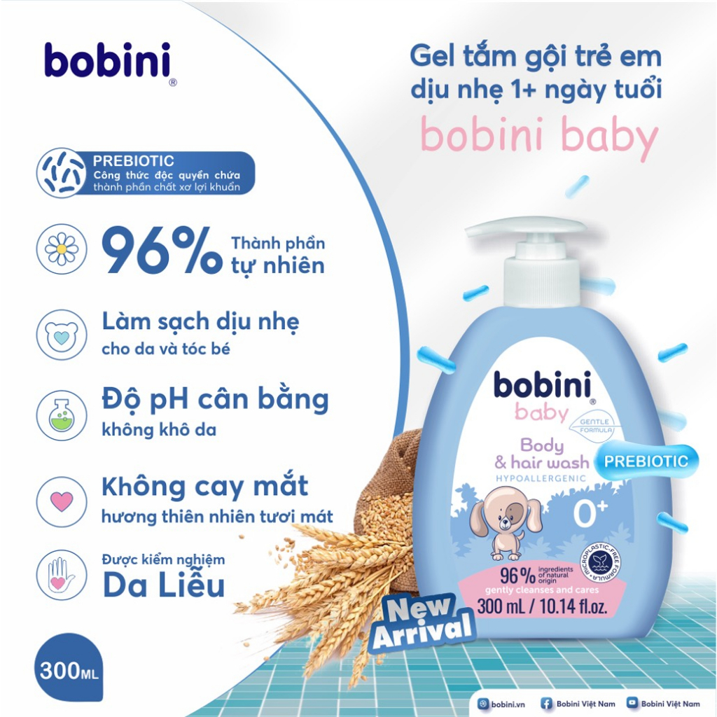 [Tặng rửa tay khô 100ml] Gel tắm gội trẻ em Bobini Baby dịu nhẹ 1+ ngày tuổi 300ml