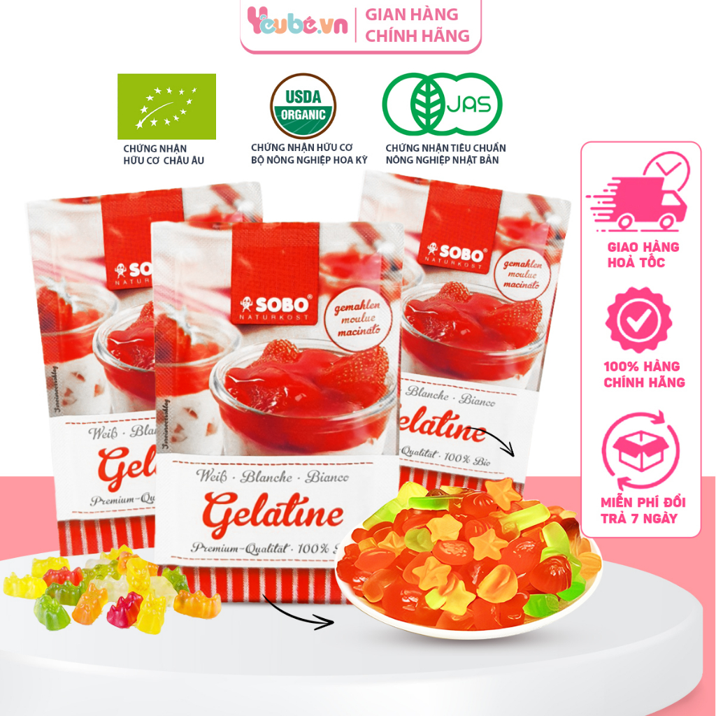 Bột Gelatine Hữu Cơ SOBO Làm Thạch Kẹo Dẻo Rau Câu Thạch Pudding Cho Bé Ăn Dặm