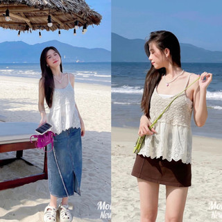 Áo 2 dây ren hoa phối vải thô hoạ tiết Ao2sthohoa