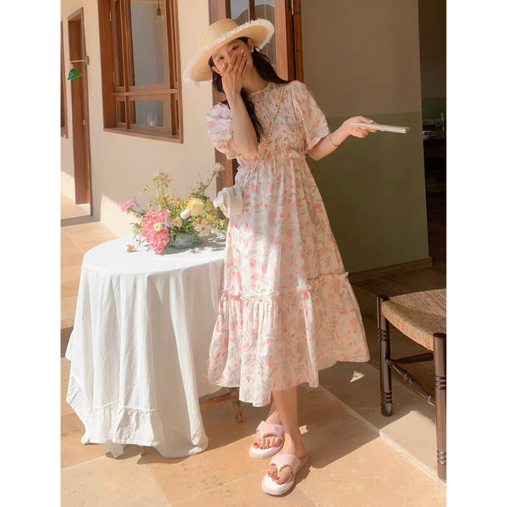 L778 Váy hoa xếp ly tay phồng