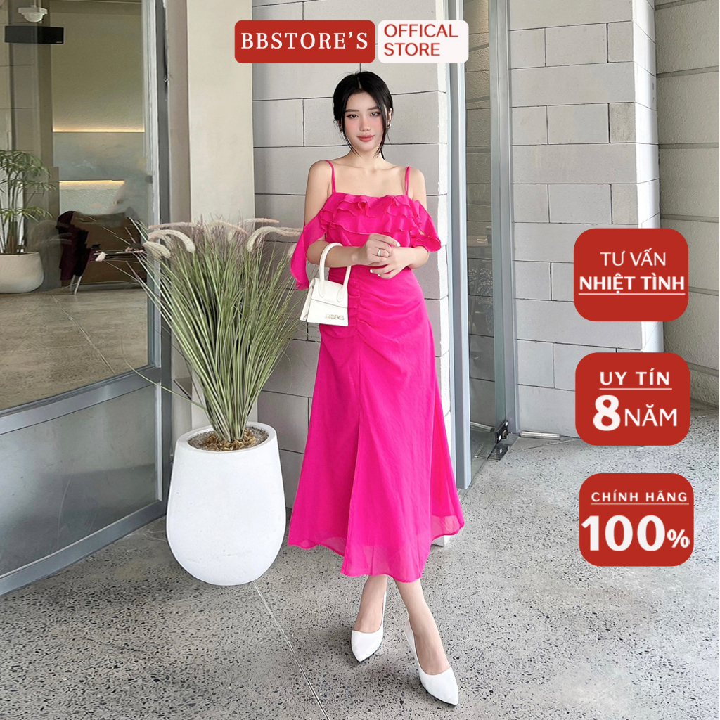 BBSTORE'S Đầm Hai Dây Trễ Vai Đi Biển Nhún Bèo Tầng Sang Trọng -D1959