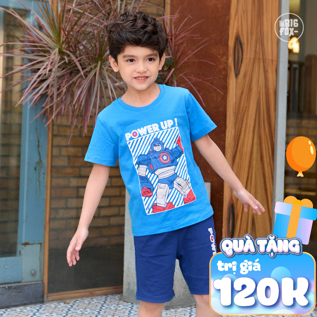 Bộ bé trai Bigfox Miss Meow size đại, kiểu cộc tay phom Hàn chất vải cotton in robot cỡ 3,6,9,10,11 tuổi, 30kg 40kg