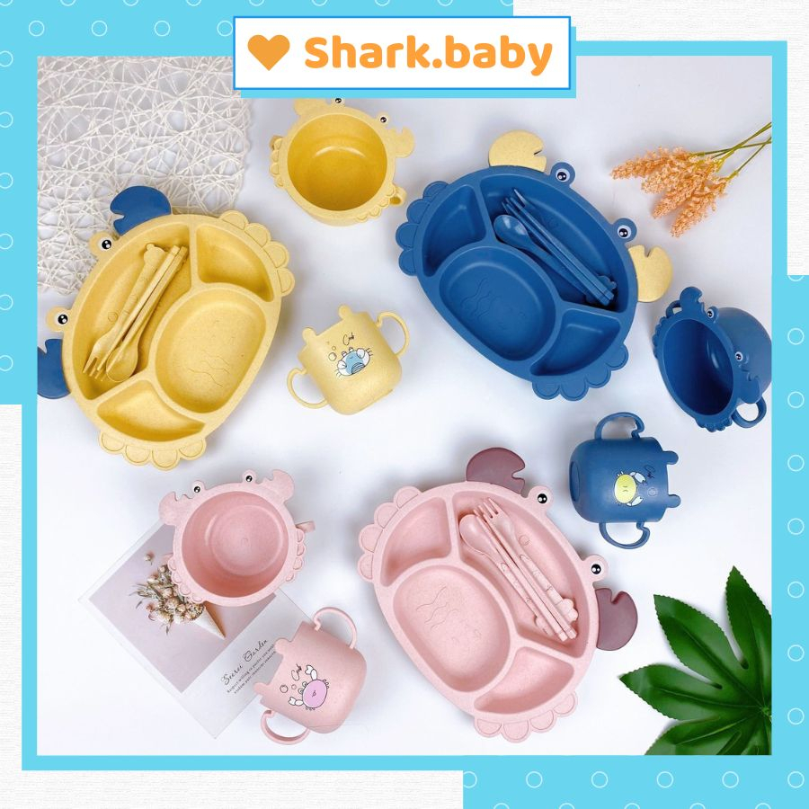 Set khay ăn dặm 6 món, bộ khay ăn dặm lúa mạch hình cua cho bé