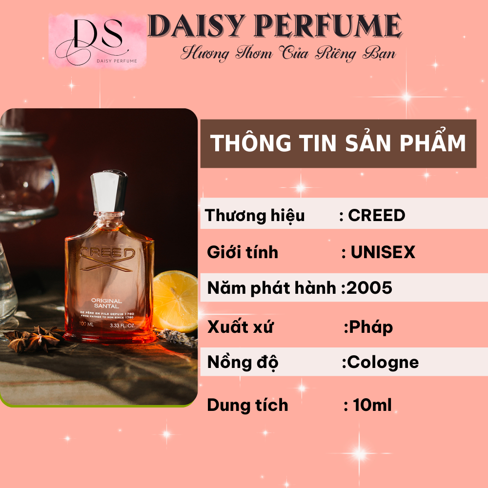 [Mẫu Thử] Nước hoa Nam Nữ (UNISEX) CREED ORIGINAL SANTAL, Đẳng Cấp Hoàng Gia Chiết 10ml Chính Hãng- Daisy Store