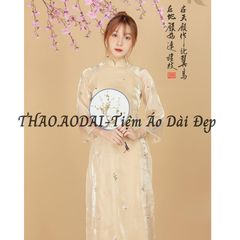 Áo Dài Tết Suông 4 Tà Thêu Hoa Nhí ,Áo Dài Cách Tân Xuông Tơ Sống Tay Lỡ Dài Cao Cấp