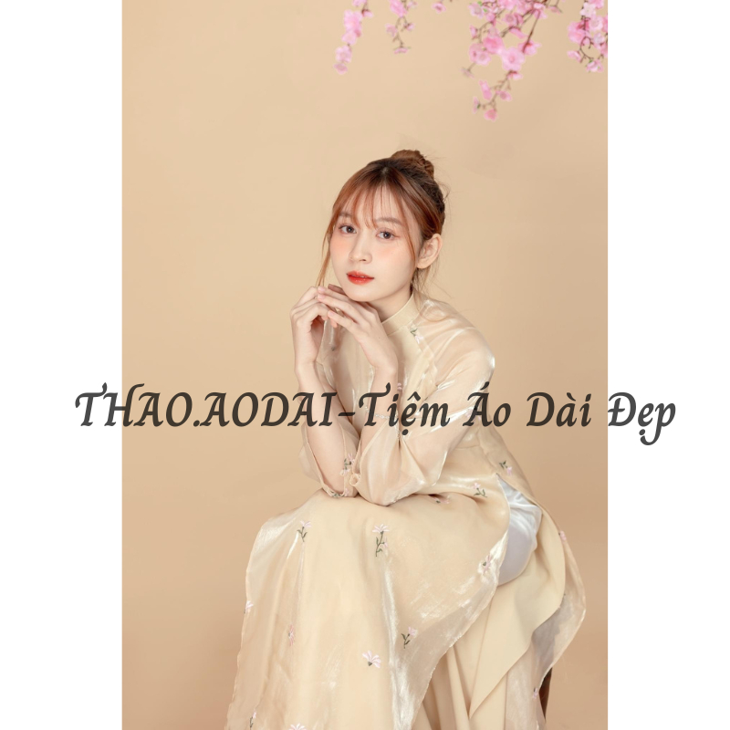 Áo Dài Tết Suông 4 Tà Thêu Hoa Nhí ,Áo Dài Cách Tân Xuông Tơ Sống Tay Lỡ Dài Cao Cấp