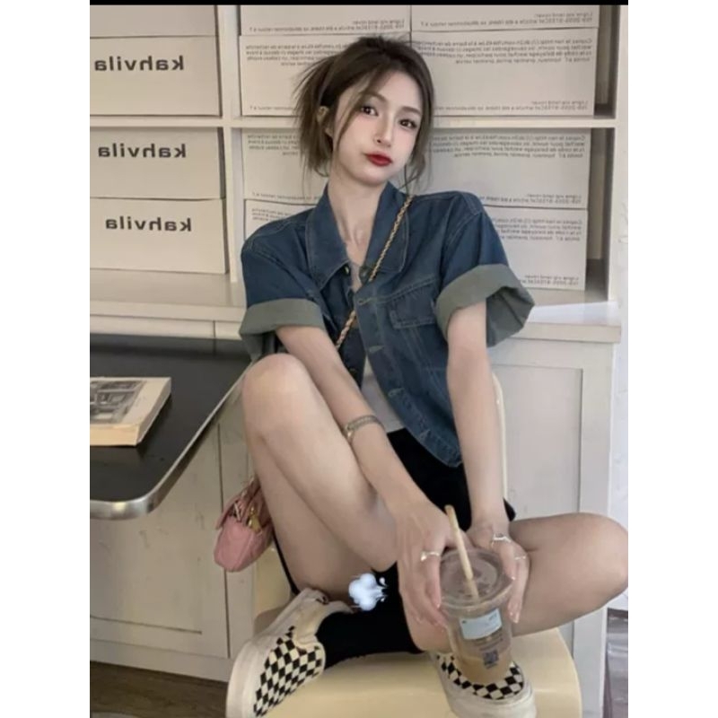 Áo sơ mi jean cộc tay ulzzang hàn quốc