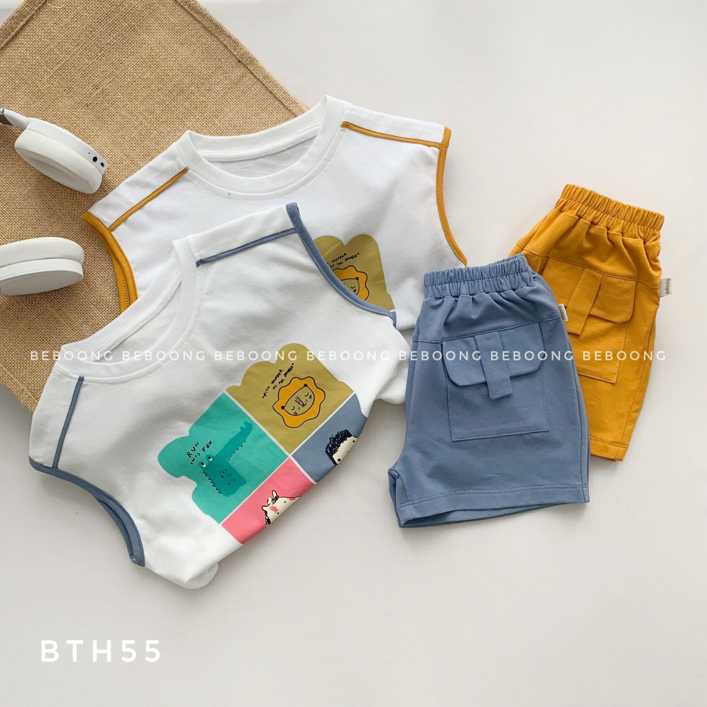 Bộ cotton ba lỗ mềm mát bé trai, bộ thun sát nách cotton hàng đẹp cho bé Beboong