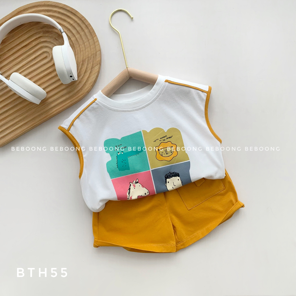 Bộ cotton ba lỗ mềm mát bé trai, bộ thun sát nách cotton hàng đẹp cho bé Beboong