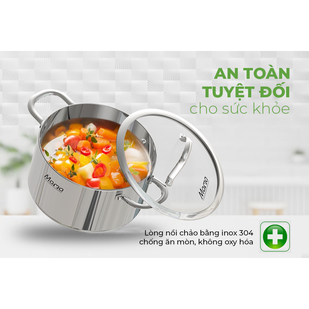 Bộ nồi Inox Sunhouse Mama SHG701, Nồi inox 304 liền đáy hiệu suất bắt từ cao, An toàn tuyệt đối cho sức khỏe
