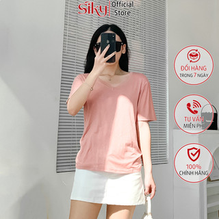 Áo thun giấy cổ tim nữ SIKY màu trơn, vải cotton 4 chiều mềm mịn, dáng suông ôm vừa  AP08