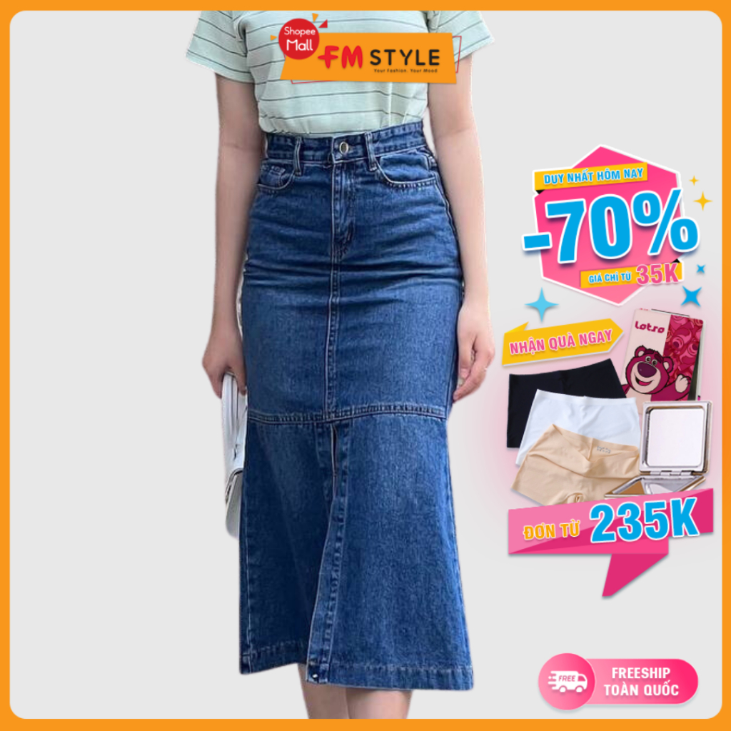 Chân váy jean dài cạp cao FM STYLE thiết kế dáng dài đuôi cá thanh lịch chất denim dày dặn thời trang ullzang 23030043