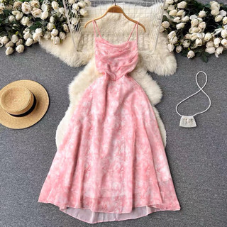 Váy đầm maxi 2 dây voan hoa hồng dáng dài hở lưng thắt dây eo tiểu thư điệu đà đi chơi du lịch biển