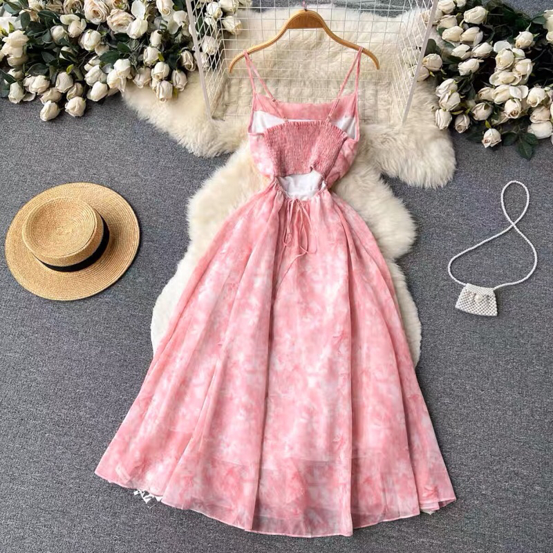 Váy đầm maxi 2 dây voan hoa hồng dáng dài hở lưng thắt dây eo tiểu thư điệu đà đi chơi du lịch biển