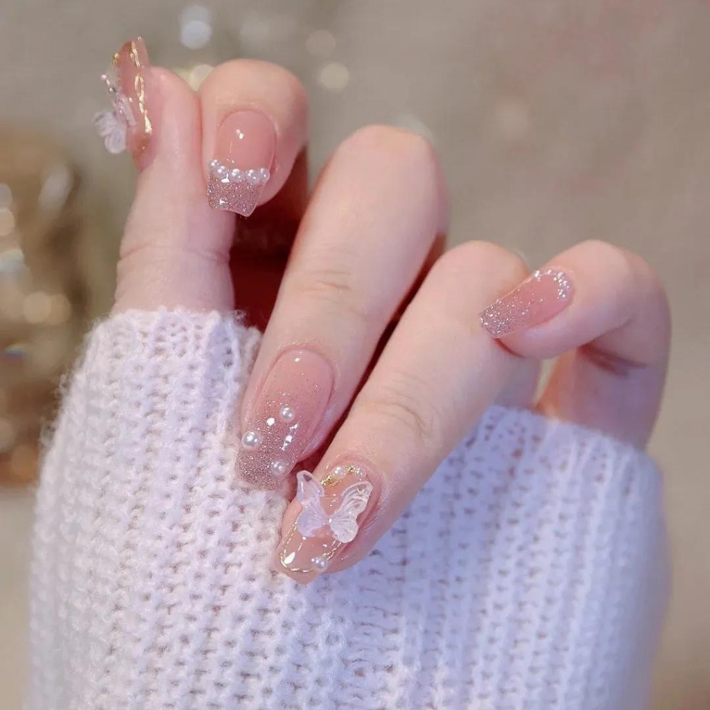 Móng tay giả đính đá, đính nơ MJ-318, Nail box cô dâu, Nail xinh, Móng tay đẹp, Shyn House Nail