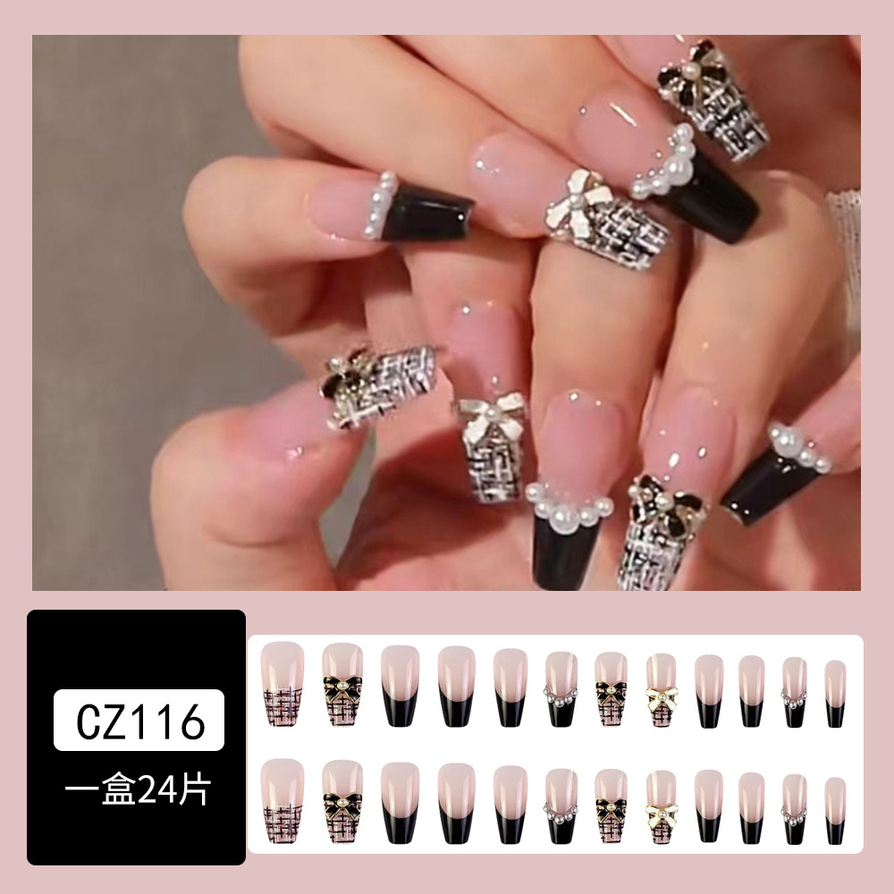 Móng tay giả đính charm, đính nơ CZ116, Bộ 24 móng giả đính ngọc trai, Móng tay form dài màu đen Shyn House Nail