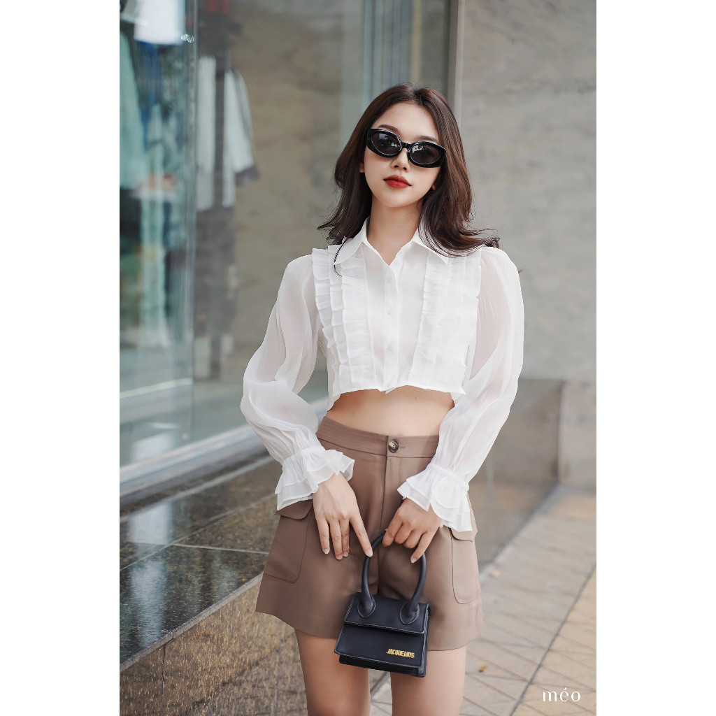 Áo sơ mi nữ Méo shop dáng croptop tay bồng cổ cách điệu Lyna