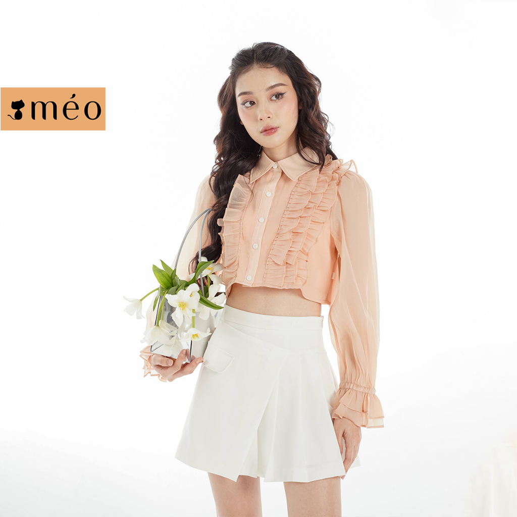 Áo sơ mi nữ Méo shop dáng croptop tay bồng cổ cách điệu Lyna